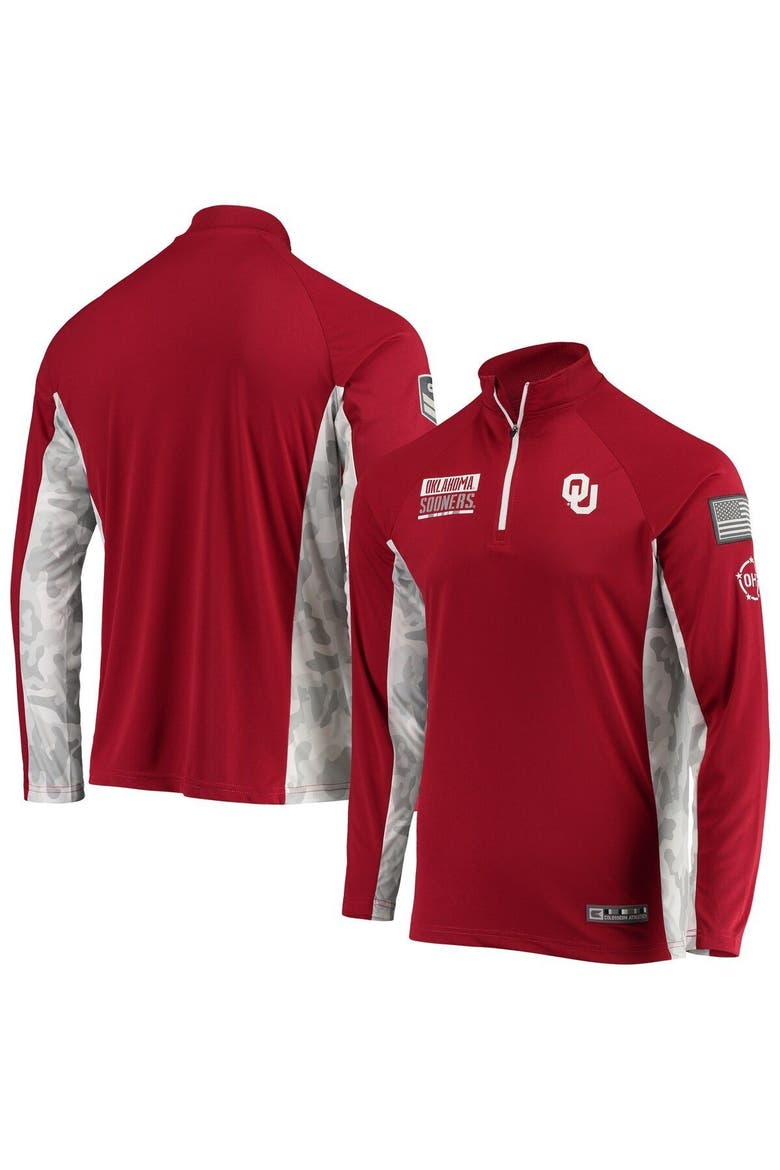 Men's Colosseum Crimson Oklahoma Sooners OHT Military Appreciation Snow Cruise Raglan 1/4-Zip Jacket, Main, color, Crimson