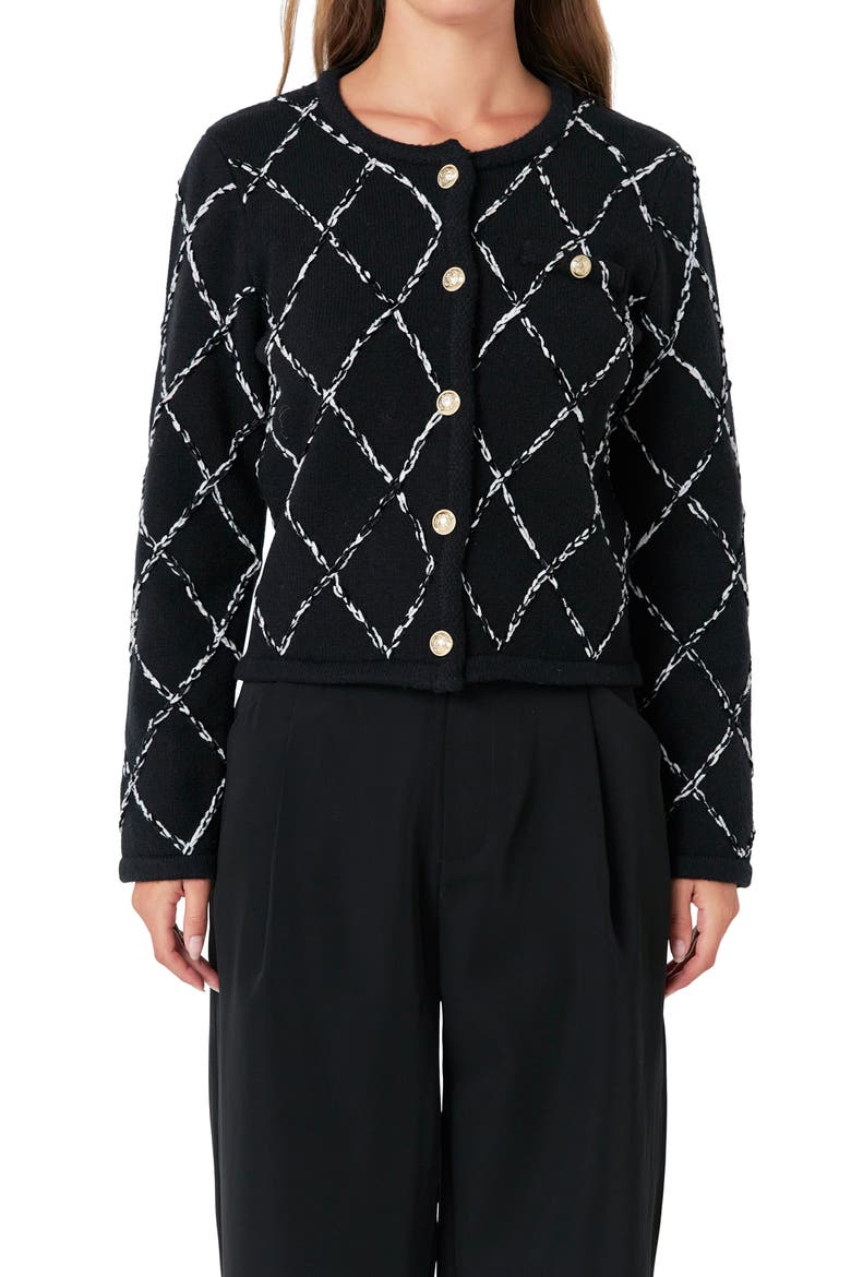 Diamond Pattern Cardigan, Alternate, color, BLACK
