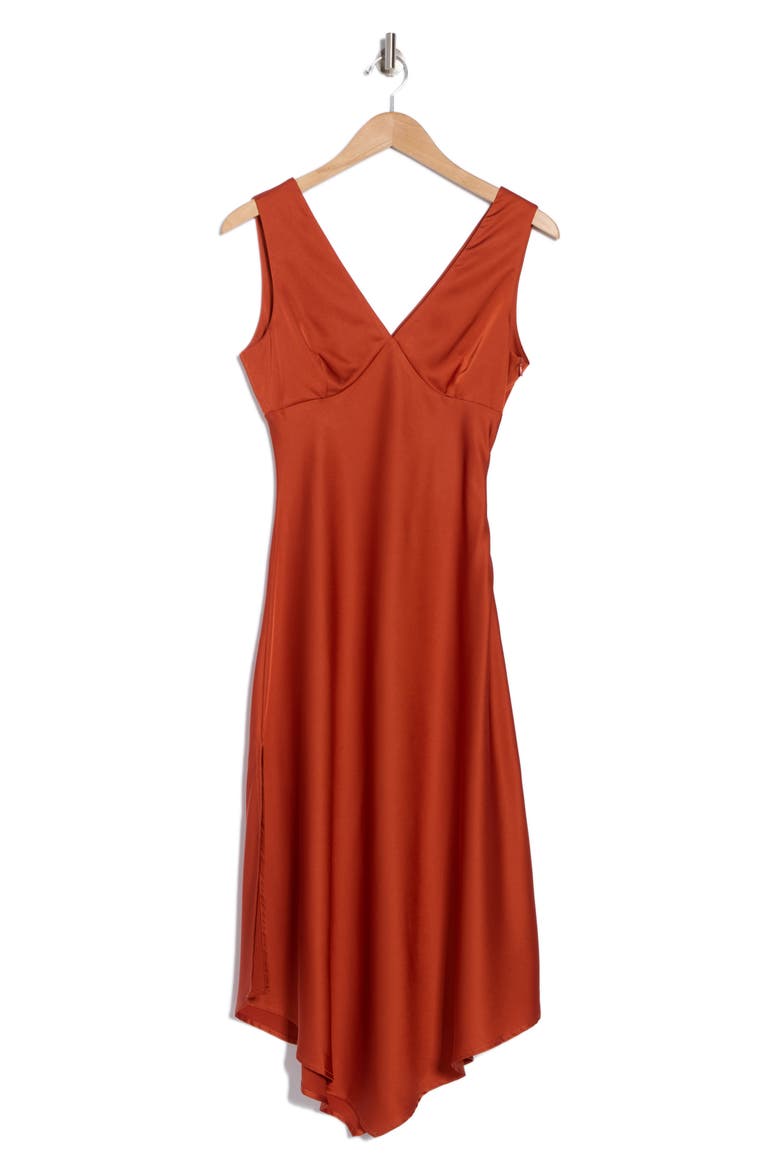 Asymmetric Satin Midi Dress, Alternate, color, RUST