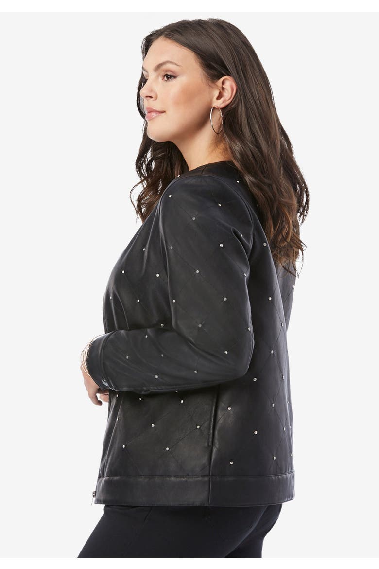 Plus Size Studded Faux Leather Bomber, Alternate, color, BLACK