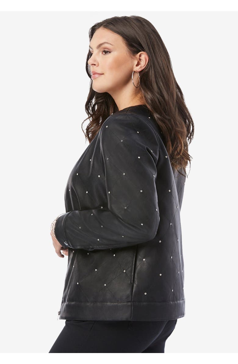 Roaman's Plus Size Studded Faux Leather Bomber, Alternate, color, Black