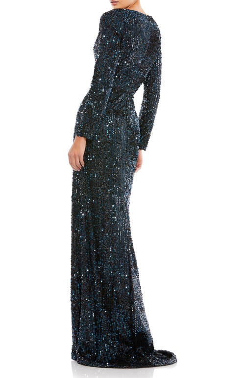 Mac Duggal Long Sleeve Sequined Gown In Midnight