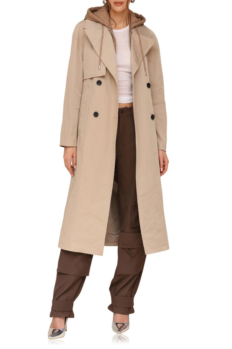 Double Breasted Trench Coat with Hooded Quilted Dickey, Alternate, color, KHAKI