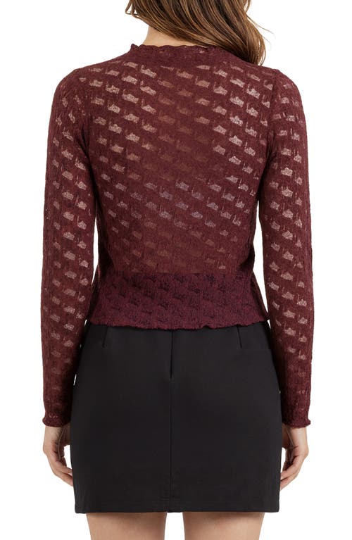 Lush Bow Textured Mock Neck Long Sleeve Mesh Top In Burgundy