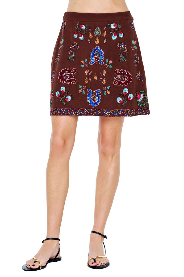 Carsyn Embroidered Miniskirt, Main, color, BROWN