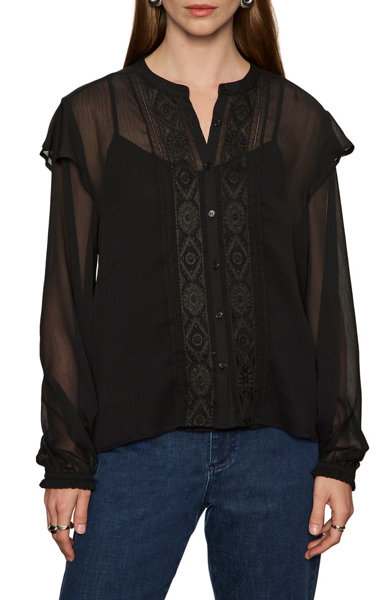 Sanctuary Nostalgia Ruffle Embroidered Top, Main, color, Black