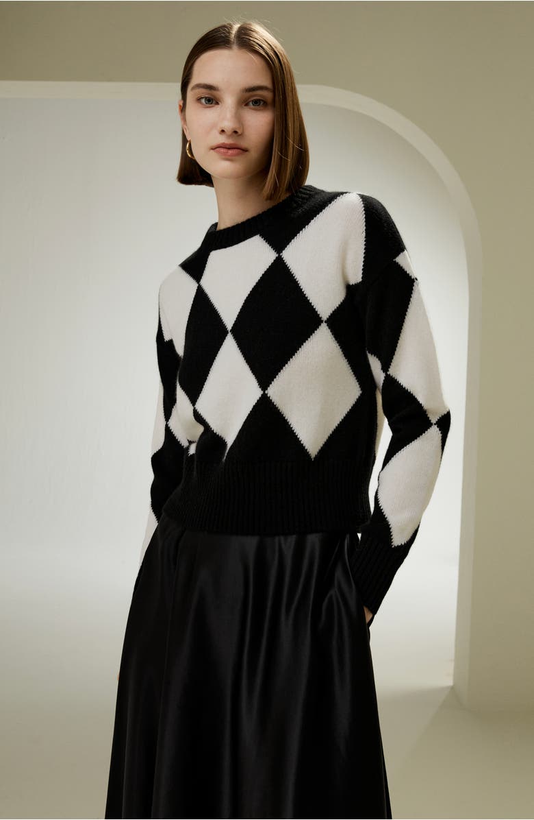 Lilysilk Round Neck Diamond Pattern Cashmere Sweater, Alternate, color, Black