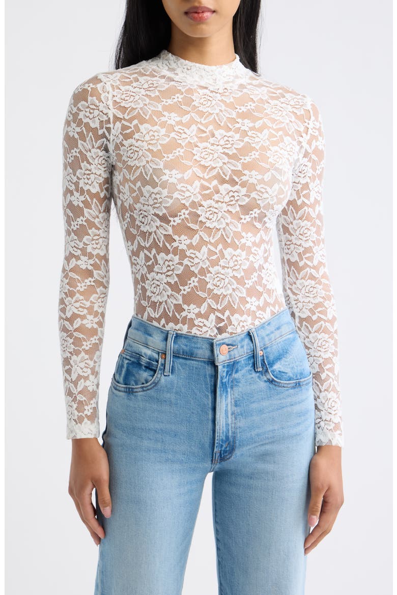 Mock Neck Sheer Lace Bodysuit, Main, color, WHITE