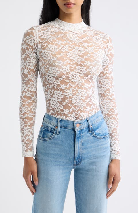 Mock Neck Sheer Lace Bodysuit