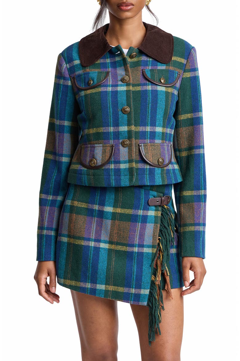 Plaid Jacket with Faux Leather Trim, Alternate, color, GREEN MULTI