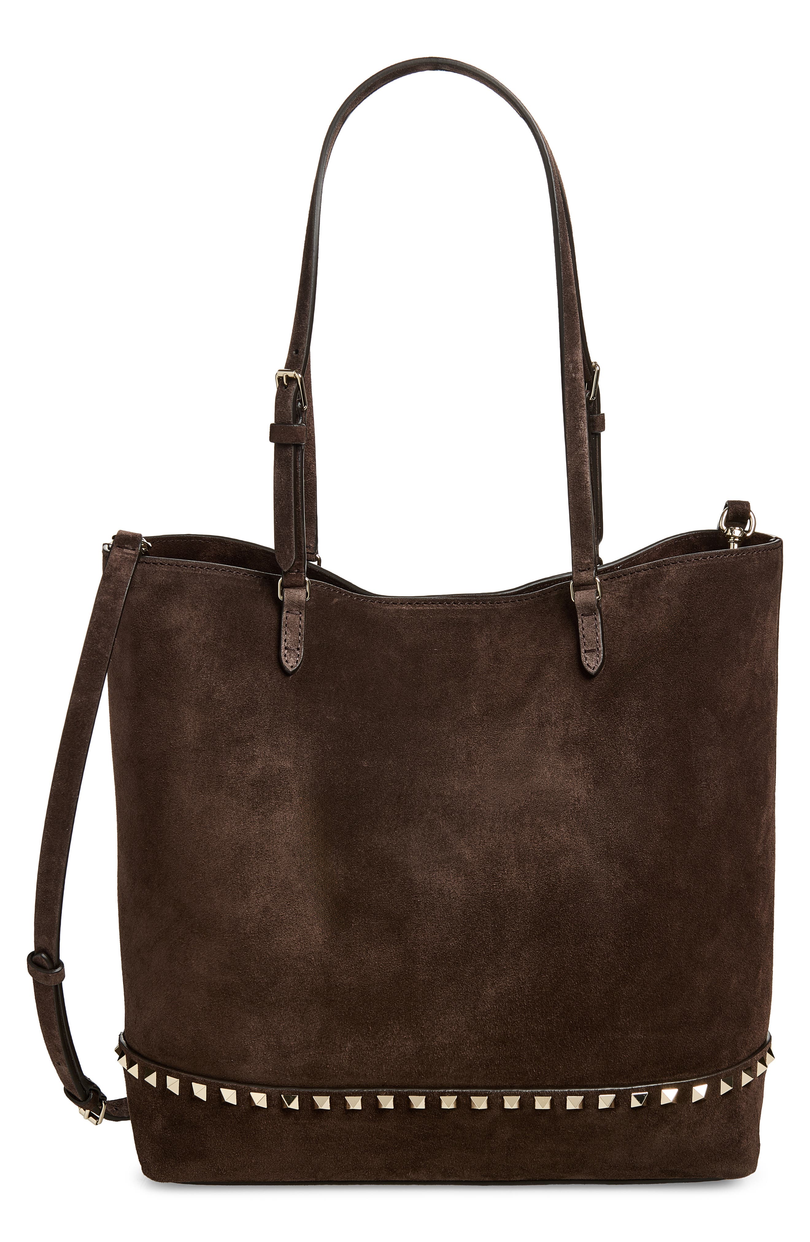 Medium Rockstud Suede Tote, Main, color, BROWN