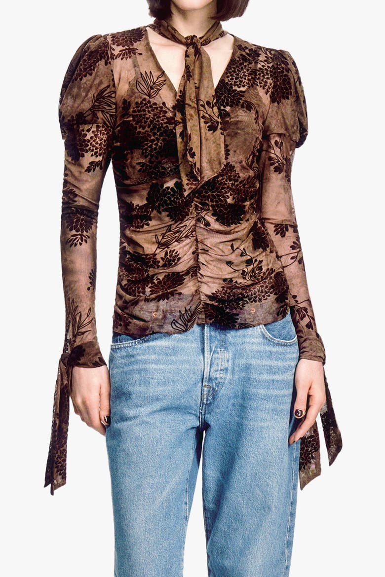 Dahlia Tulle Knit Long Sleeve Top, Main, color, CHOCOLATE