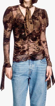 Anna Sui Dahlia Tulle Knit Long Sleeve Top