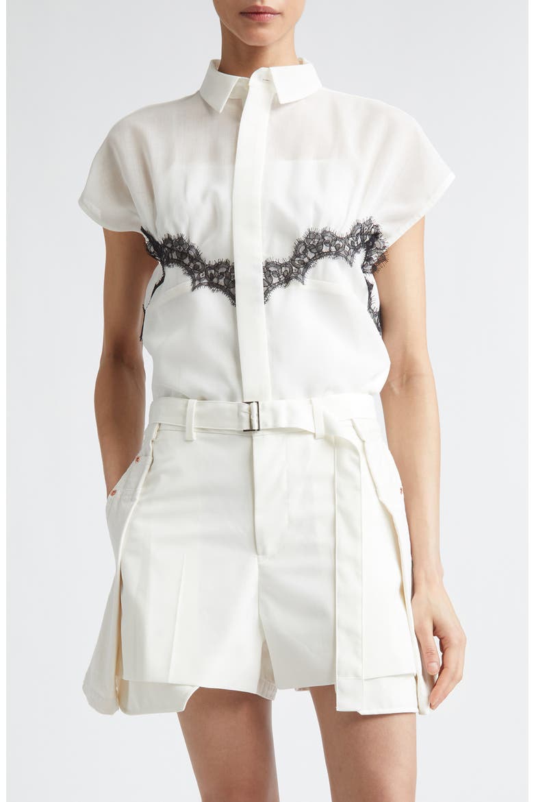 Lace Trim Cap Sleeve Organza Button-Up Shirt, Main, color, OFF WHITE