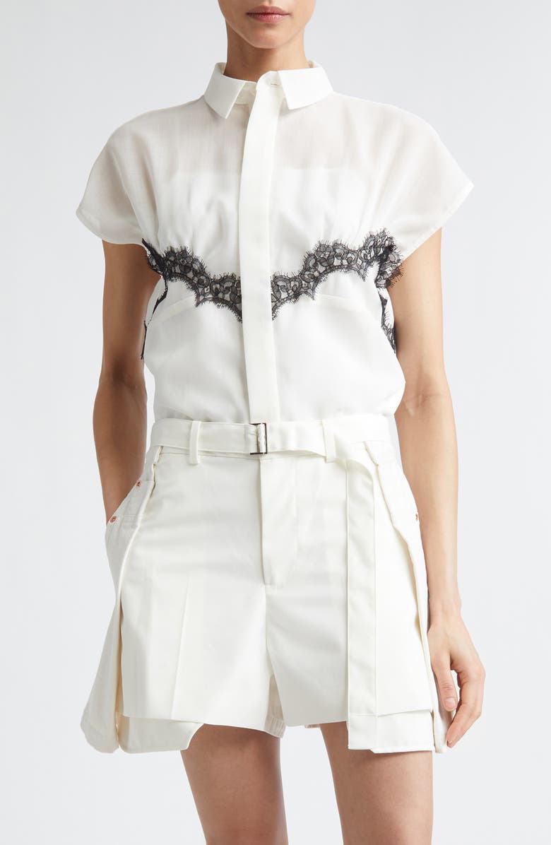 Sacai Lace Trim Cap Sleeve Organza Button-Up Shirt, Main, color, Off White