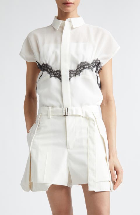 Lace Trim Cap Sleeve Organza Button-Up Shirt