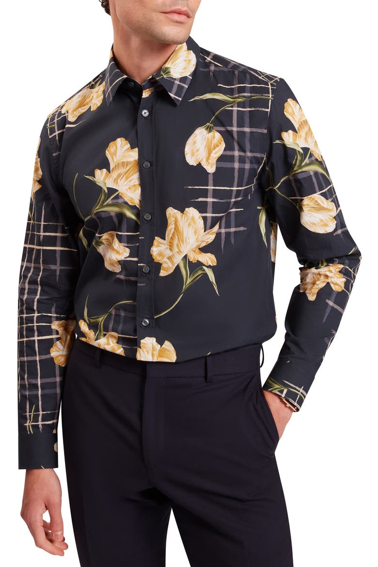 Quorik Floral Print Button-Up Shirt, Main, color, NAVY