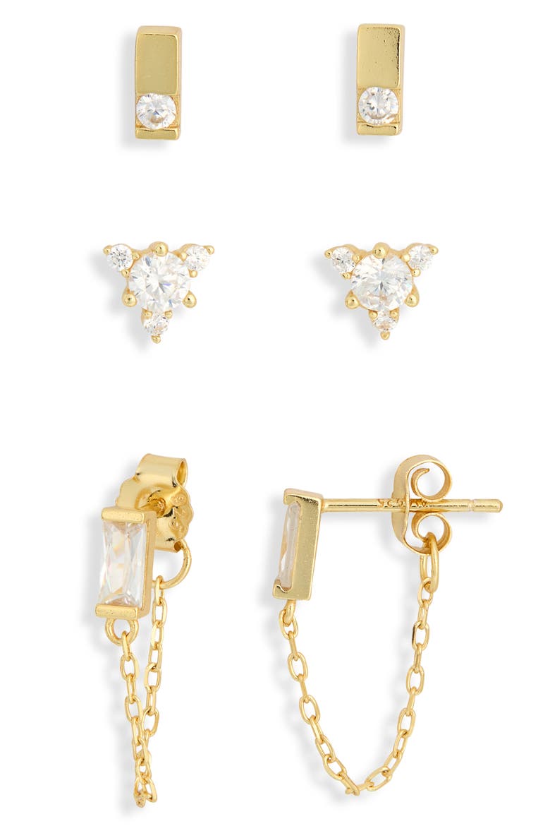 Set of 3 Cubic Zirconia Stud & Front/Back Earrings, Alternate, color, GOLD