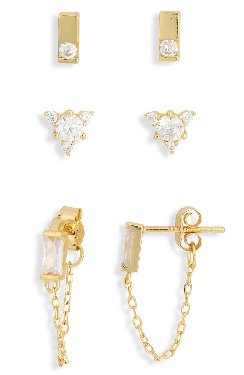 ARGENTO VIVO Set of 3 Cubic Zirconia Stud & Front/Back Earrings, Alternate, color, Gold