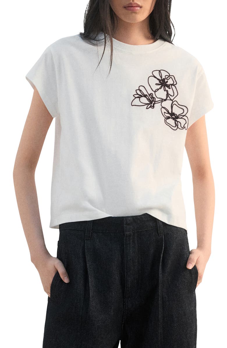MANGO Floral Embroidered T-Shirt, Main, color, Off White