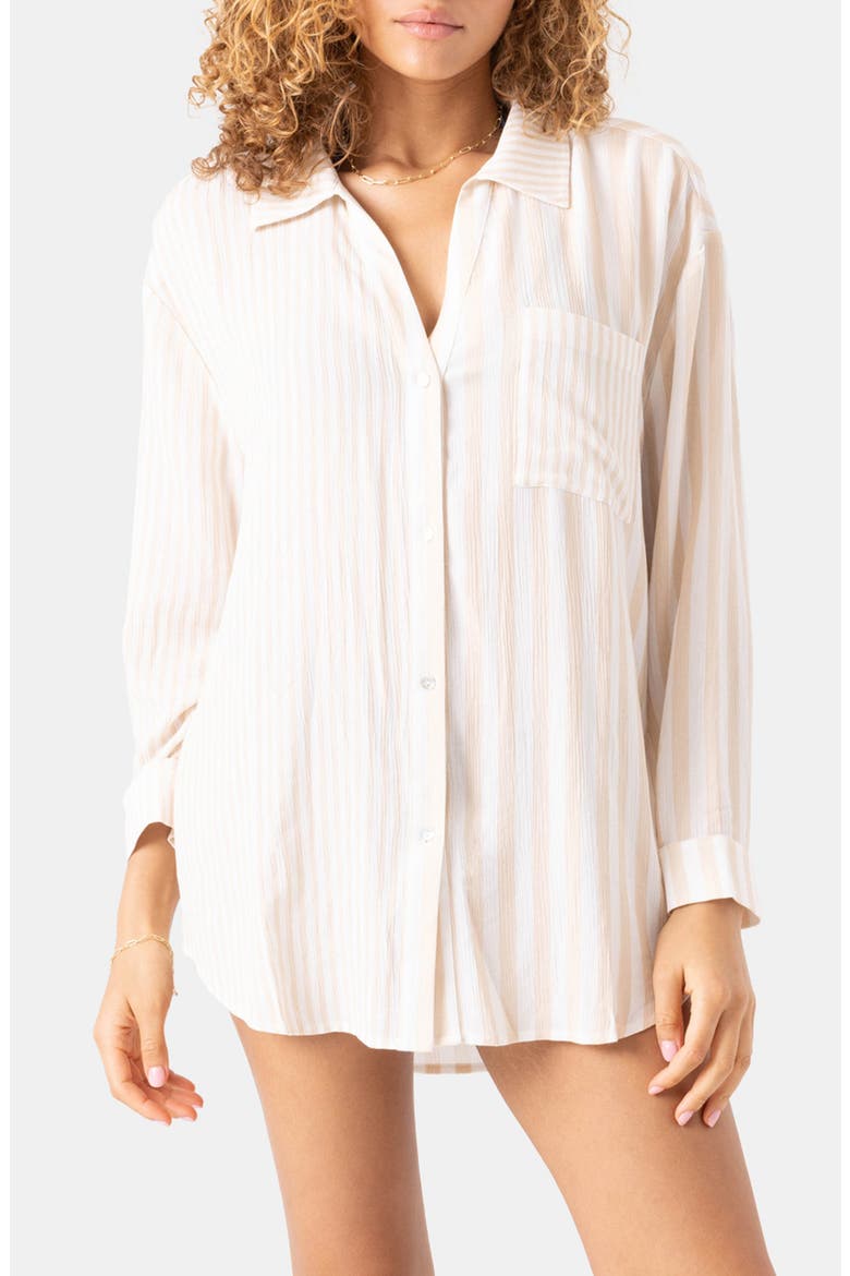 Stripe Out Oversize Cover-Up Button-Up Shirt, Alternate, color, EGRET