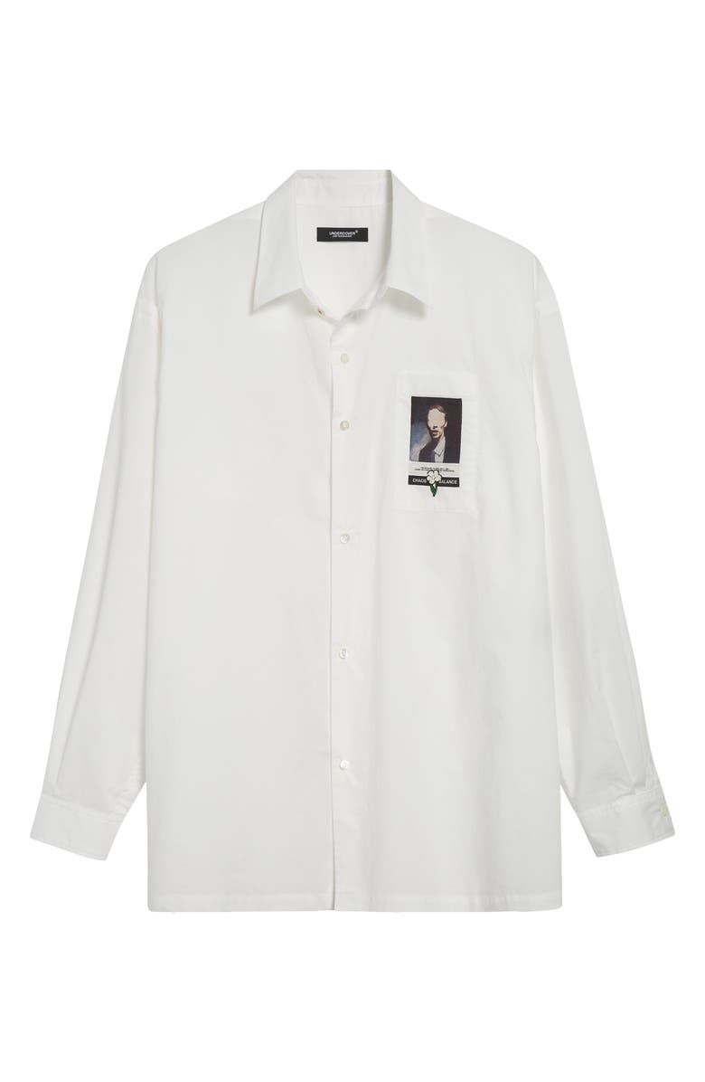 Undercover Beaded Floral Embroidered Patch Cotton Button-Up Shirt, Alternate, color, White