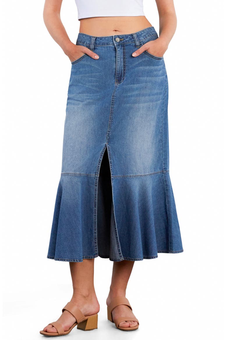 Denim Midi Mermaid Skirt, Main, color, DENIM BLOOM
