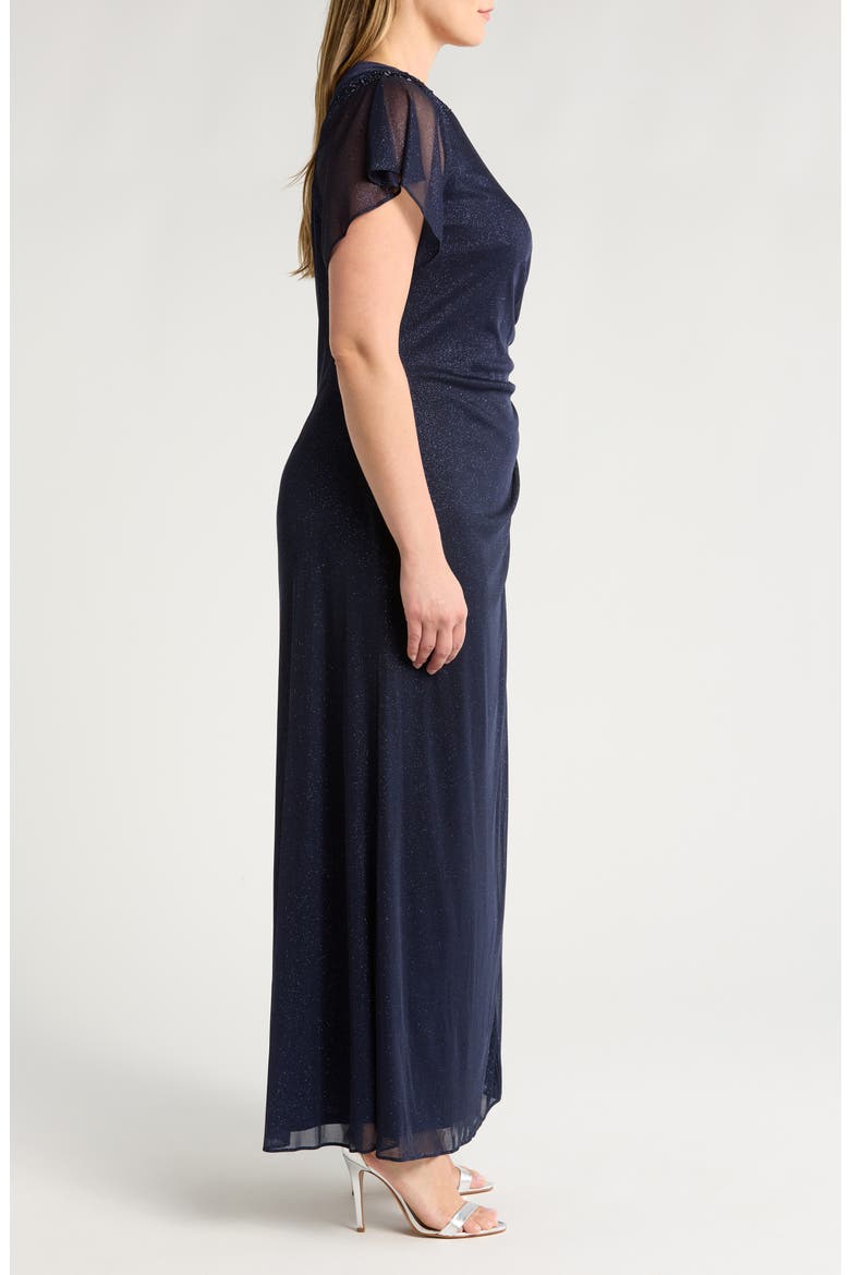 Flutter Sleeve Metallic Gown, Alternate, color, NAVY