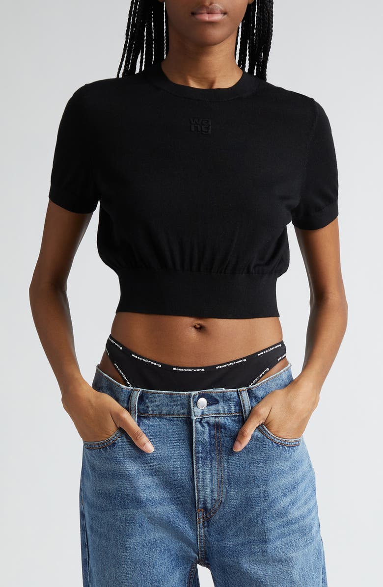 Alexander Wang Debossed Logo Short Sleeve Crop Sweater, Main, color, 