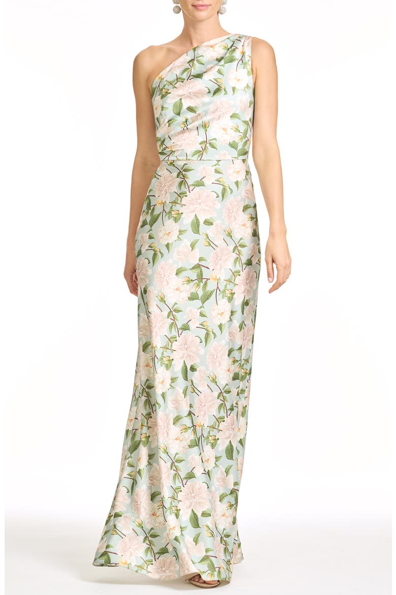 Delphine Floral One-Shoulder Gown, Main, color, CELADON SWEETBRIAR