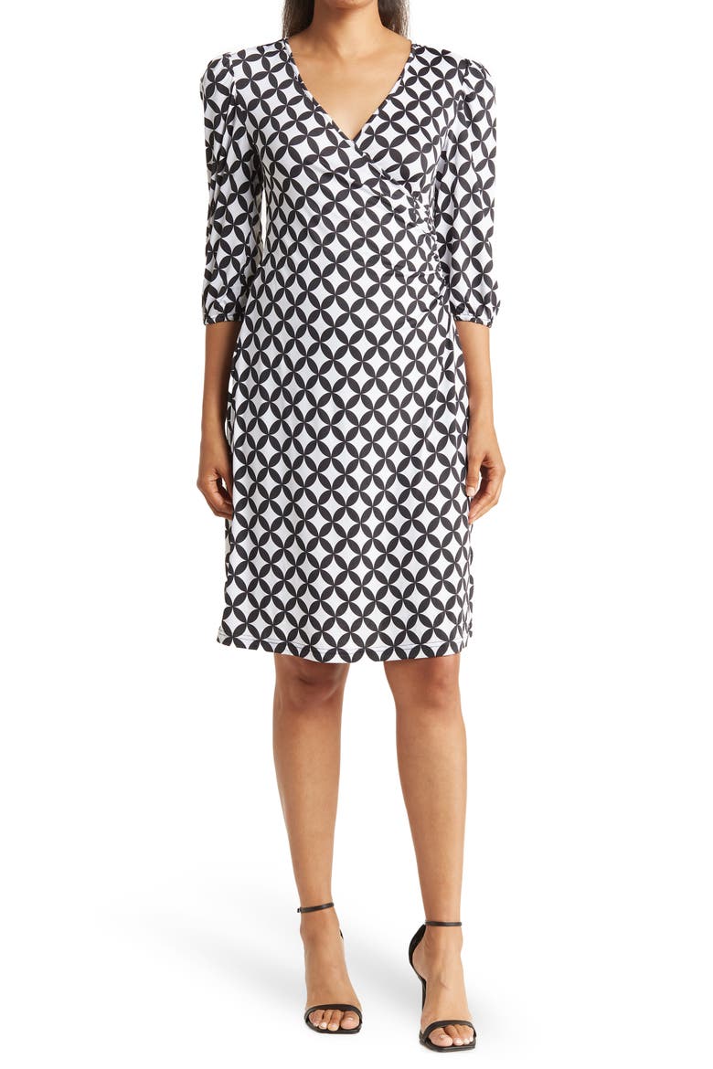 Amelia Ruched Wrap Dress, Main, color, REVERSE RETRO GEO