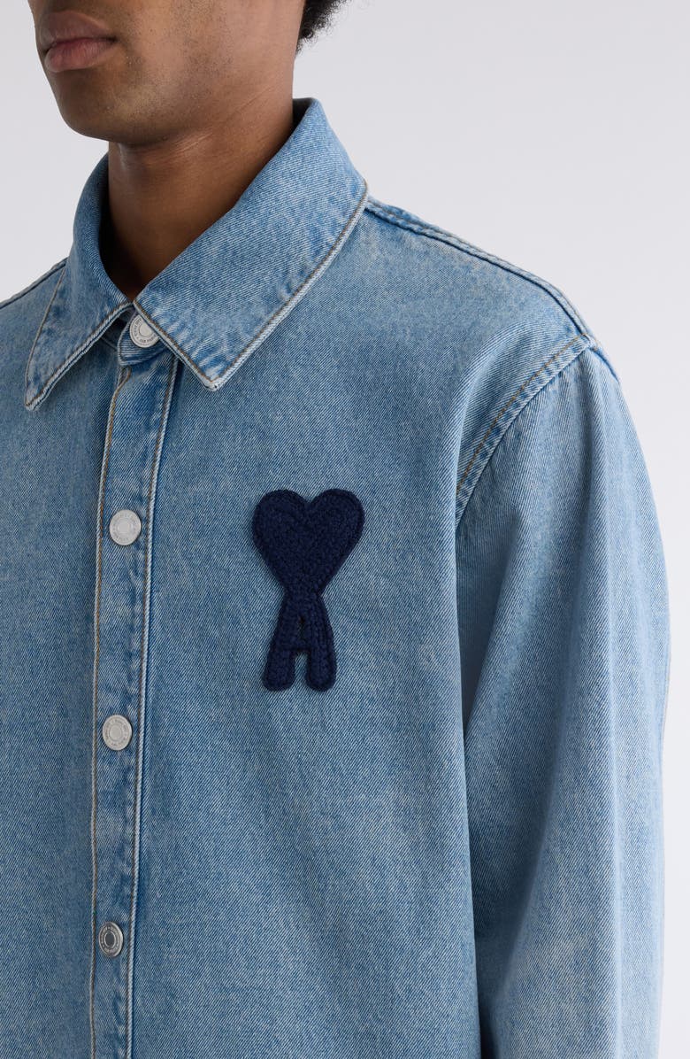 AMI PARIS Ami de Coeur Monogram Patch Denim Overshirt, Alternate, color, 480 Used Blue/480