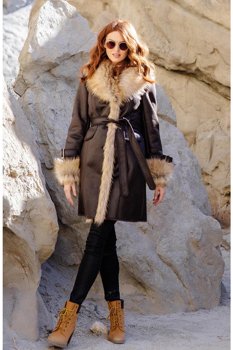 Dakota Belted Faux Suede Coat with Faux Fur Trim, Alternate, color, ESPRESSO