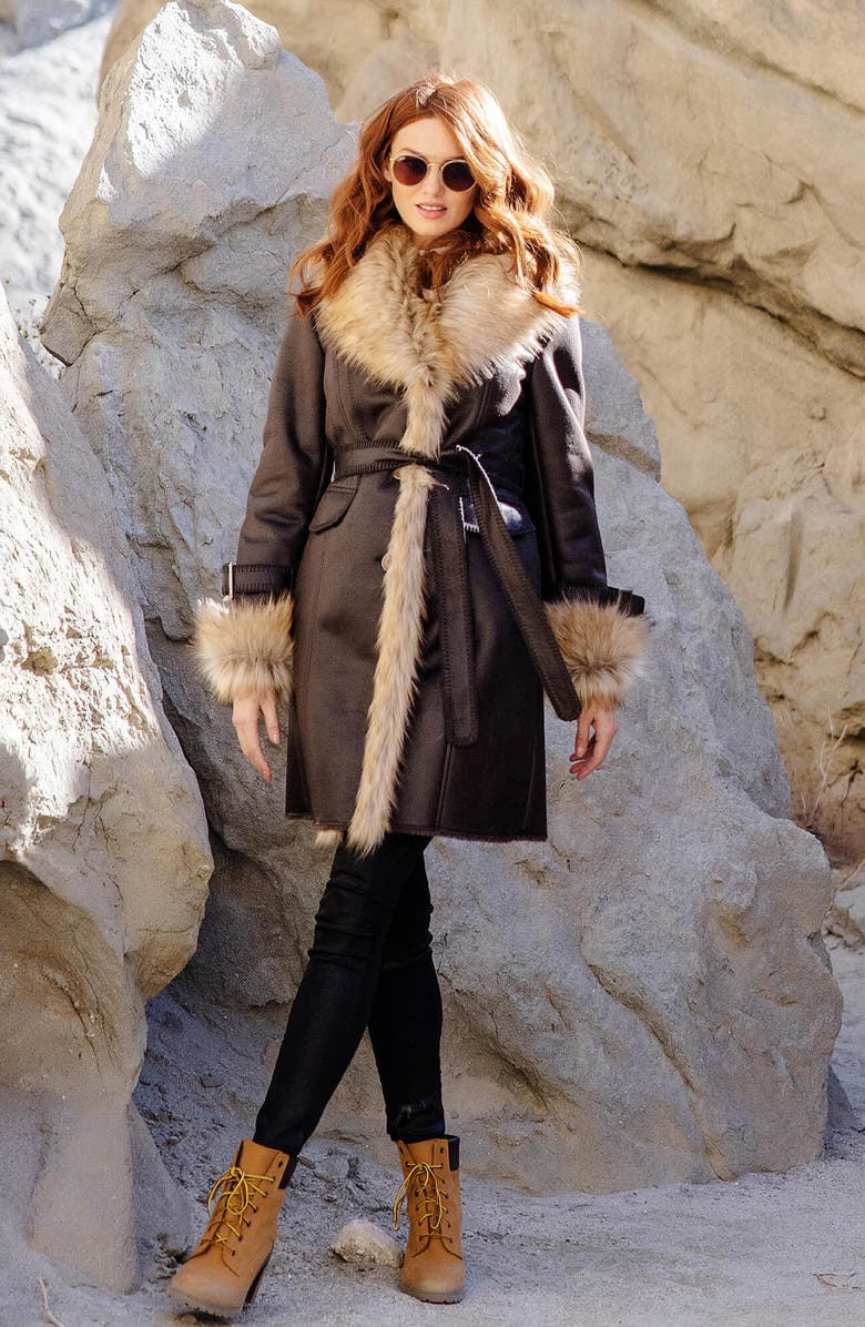 DONNA SALYERS FABULOUS FURS Dakota Belted Faux Suede Coat with Faux Fur Trim, Alternate, color, Espresso