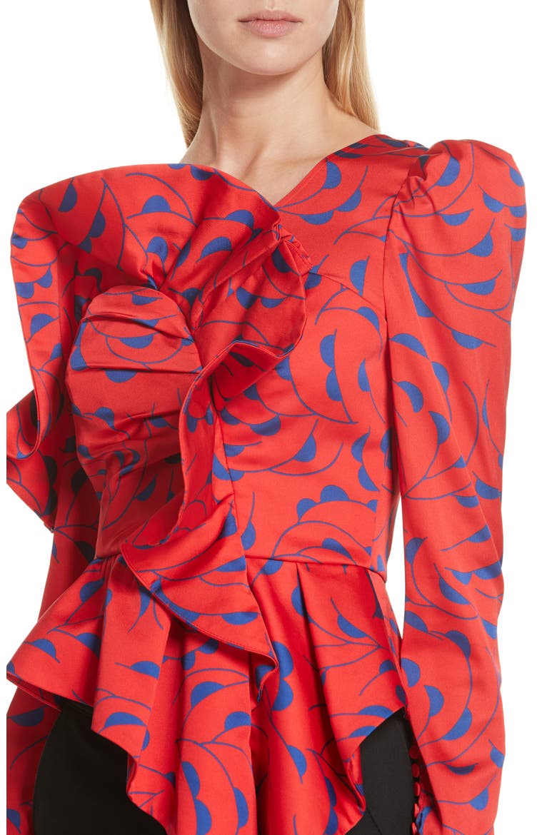 Azalea Print Ruffle Detail One-Shoulder Top, Alternate, color, RED/ NAVY