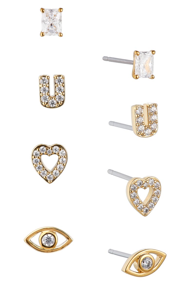 Evil Eye Heart 4-Pack Stud Earrings, Main, color, GOLD