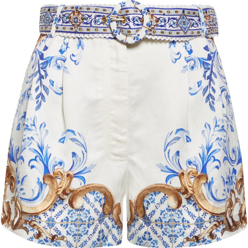 Shop Camilla Tuck Front Belted Shorts In Azul Adventures