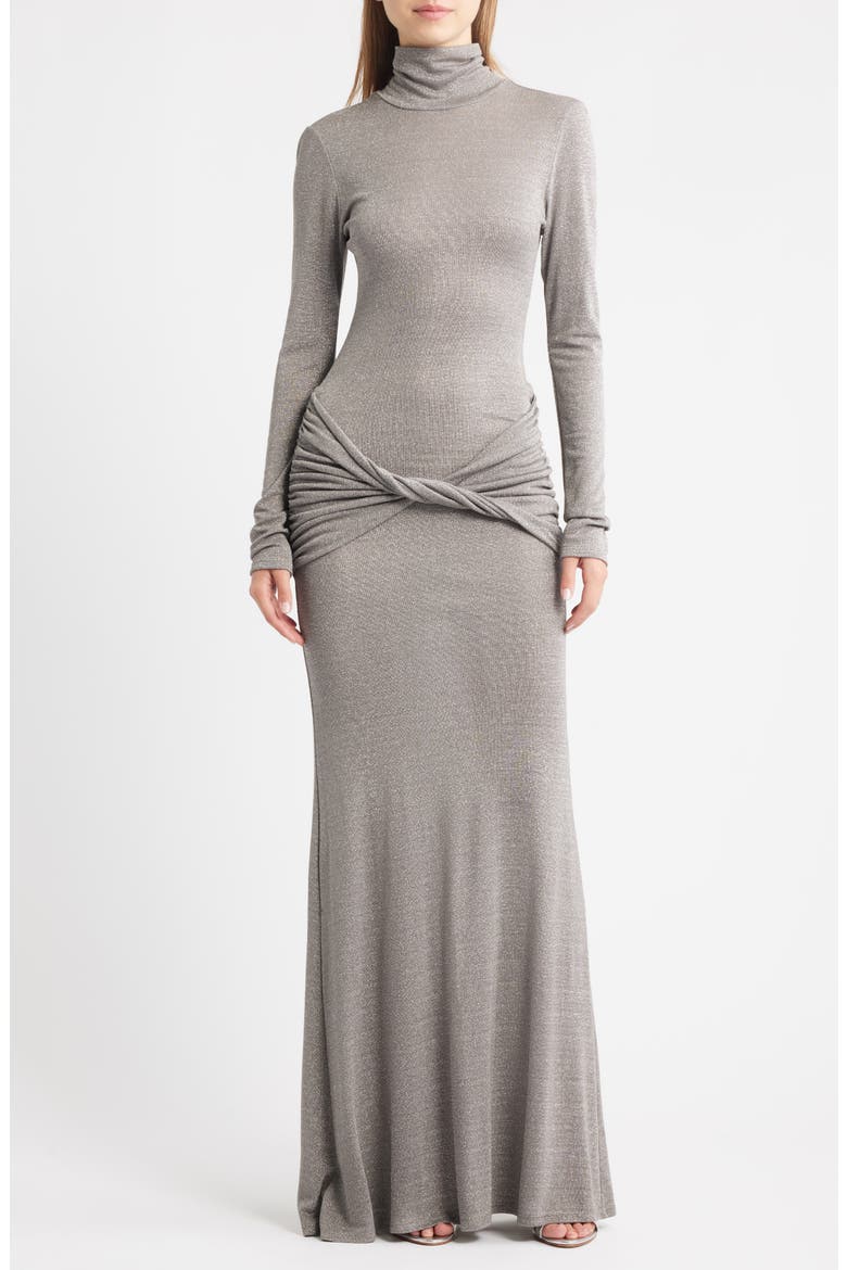 Anastasia Metallic Twist Front Long Sleeve Maxi Dress, Main, color, PEWTER