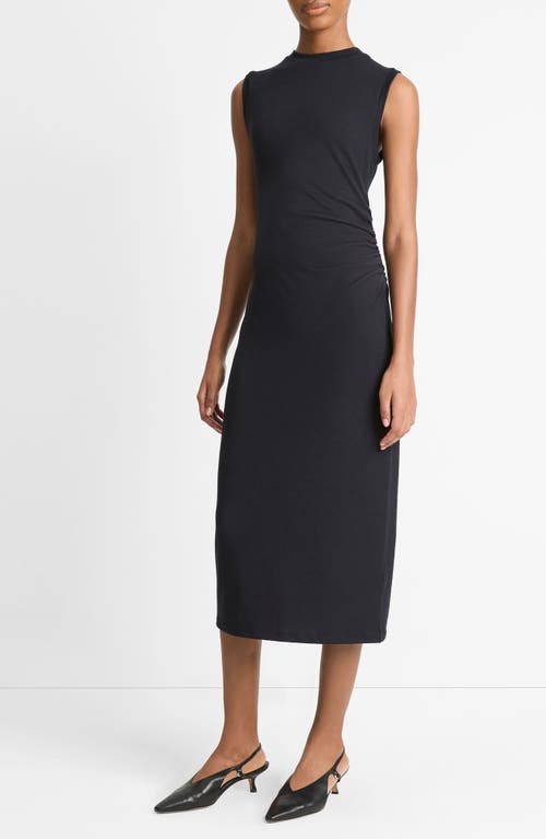 Vince Side Ruched Sleeveless Knit Midi Dress In Blue