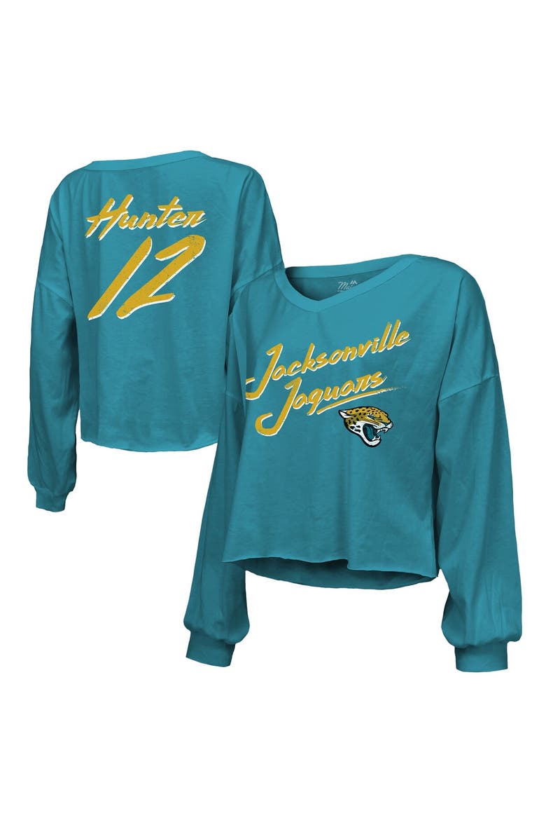 Women's Majestic Threads Travis Hunter Teal Jacksonville Jaguars 2025 NFL Draft First Round Pick Off-Shoulder Script Name & Number V-Neck T-Shirt, Main, color, Teal