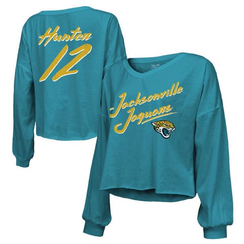 Women's Majestic Threads Travis Hunter Teal Jacksonville Jaguars 2025 NFL Draft First Round Pick Off-Shoulder Script Name & Number V-Neck T-Shirt