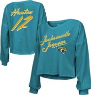 Majestic Threads Women's Majestic Threads Travis Hunter Teal Jacksonville Jaguars 2025 NFL Draft First Round Pick Off-Shoulder Script Name & Number V-Neck T-Shirt