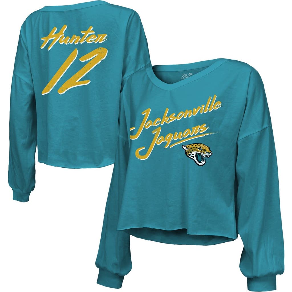 Majestic Women's Travis Hunter Teal Jacksonville Jaguars 2025 Nfl Draft First Round Pick Off-shoulder Script In Blue