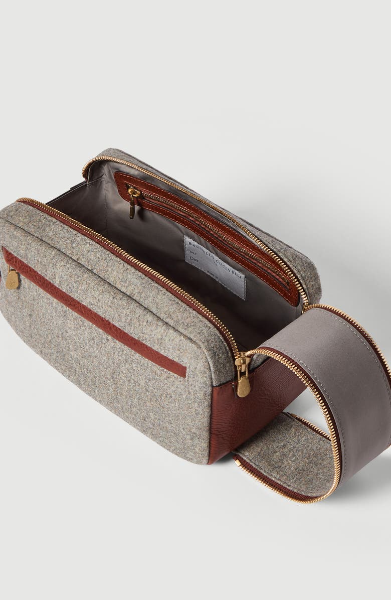 Brunello Cucinelli Virgin wool, alpaca and cashmere flannel beauty case with grained calfskin inserts and double zipper, Alternate, color, Leather
