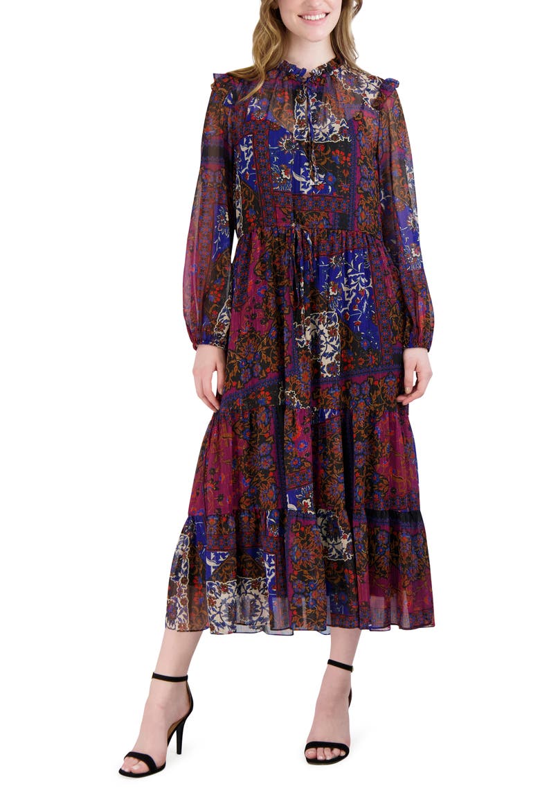 Floral Print Long Sleeve Drawstring Waist Midi Dress, Main, color, BLACK MULTI
