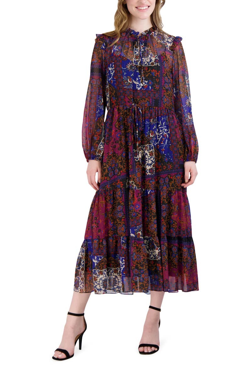 Julia Jordan Floral Print Long Sleeve Drawstring Waist Midi Dress, Main, color, Black Multi