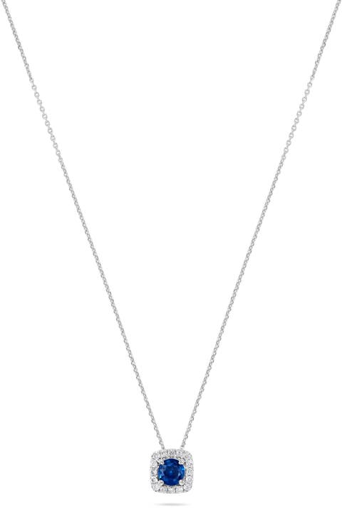 Diamond Halo Sapphire Pendant Necklace