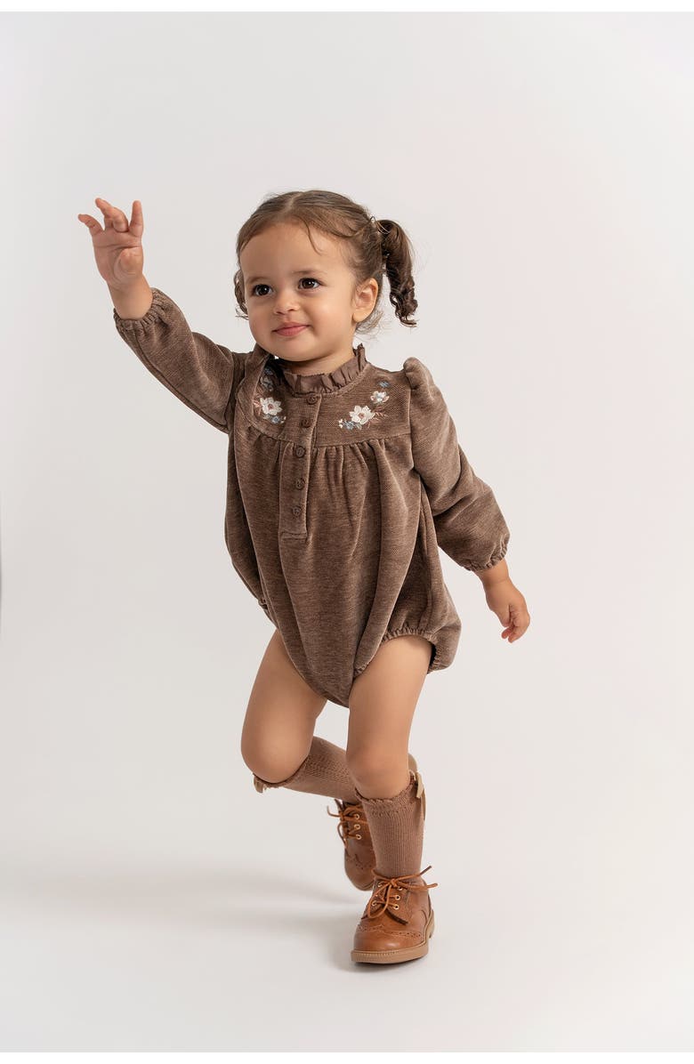 The Umbrella Academy Girl Velvet Floral Embroidered Ruffle Neck Romper, Alternate, color, Taupe