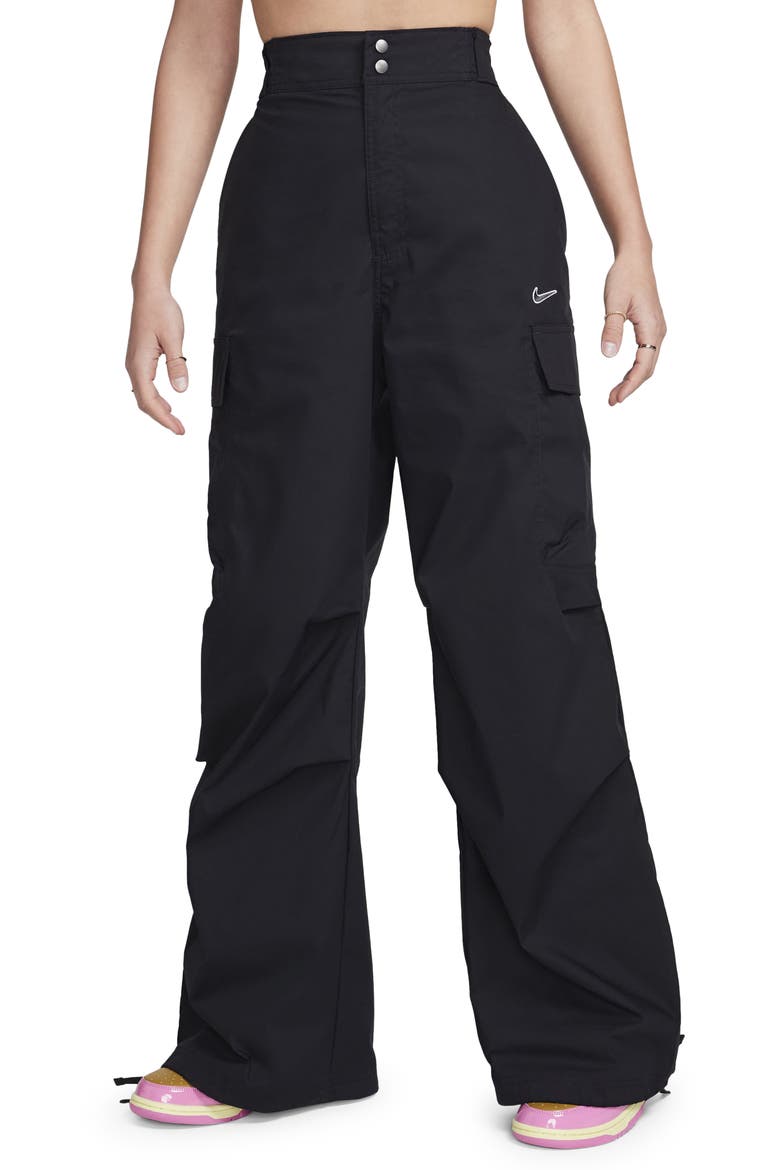 High Waist Woven Cargo Pants, Main, color, BLACK