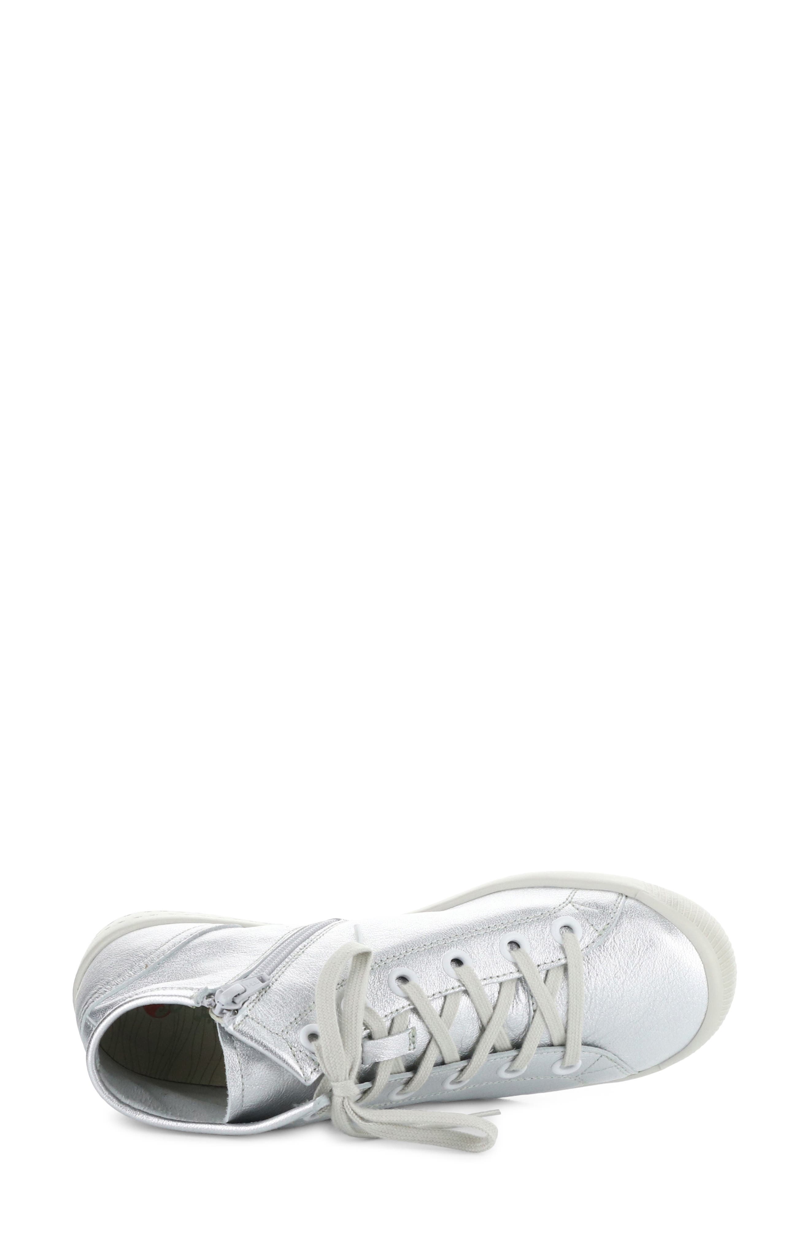 Softinos by Fly London Isleen Mid-Top Metallic Leather Sneaker, Alternate, color, Silver Laminato